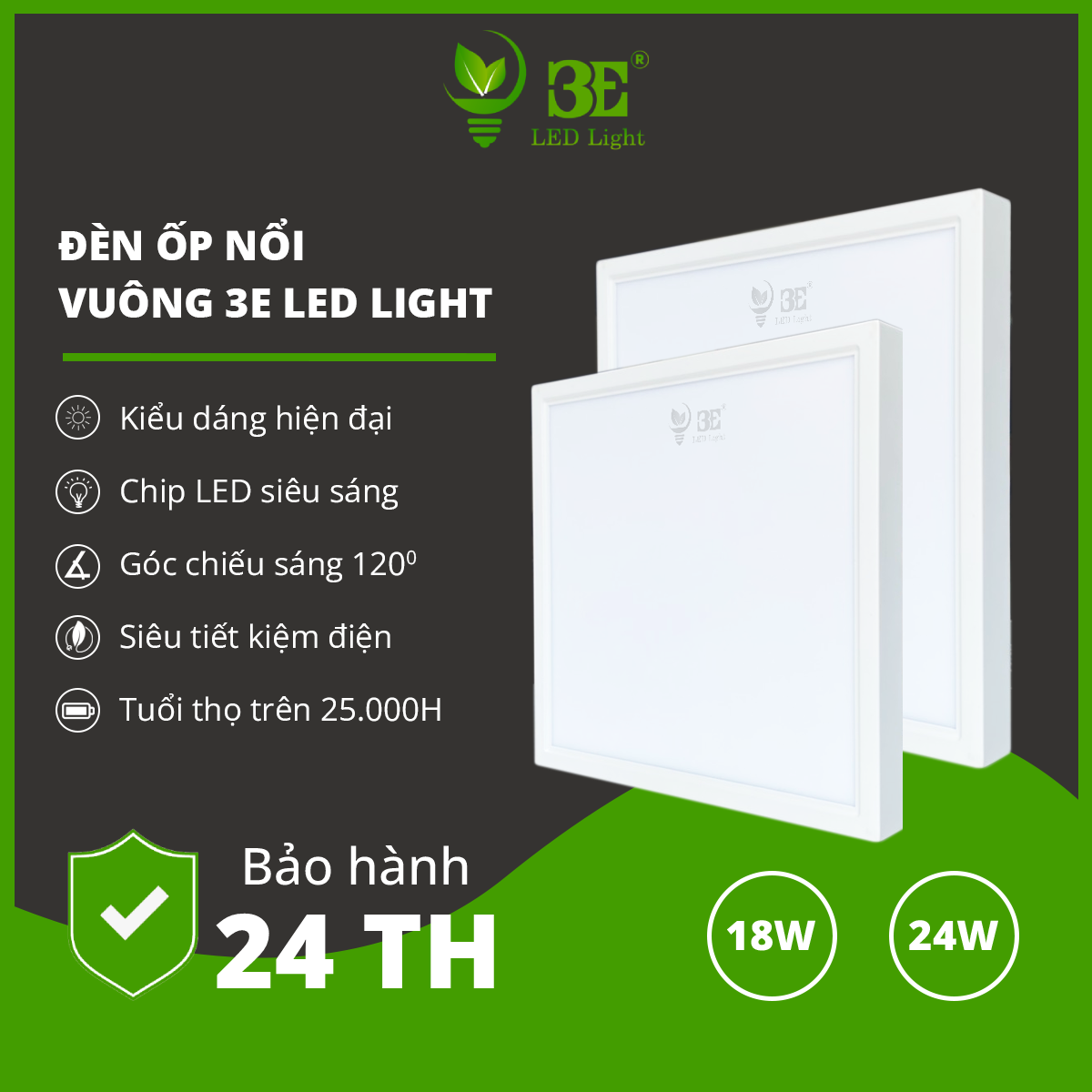 Bộ đèn 3e led light ốp trần vuông lắp nổi - công suất
