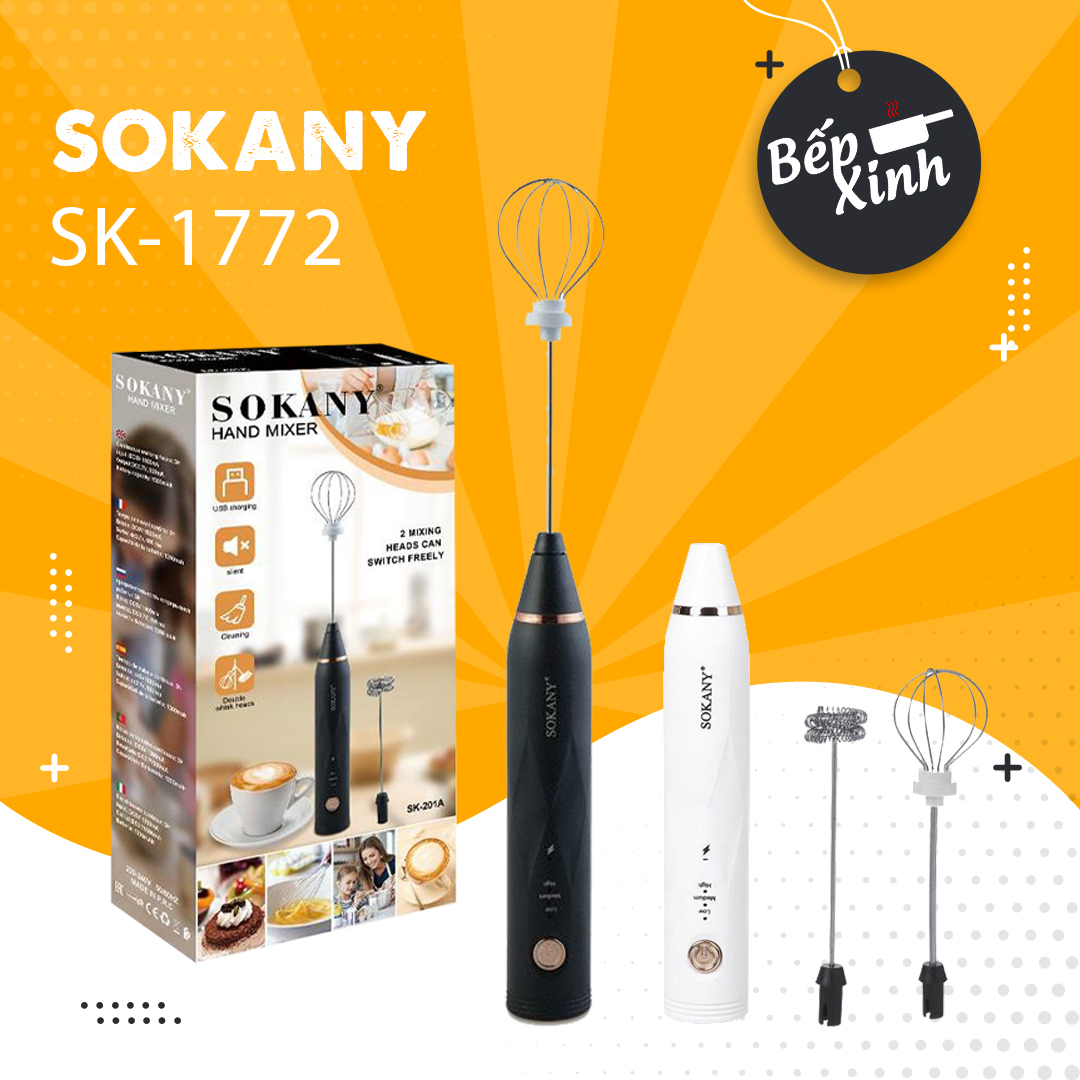 Máy đánh trứng sokany sk-1772 - 3 cấp độ - kèm 2 đầu khuấy - que tạo bọt cafe - máy đánh trứng cầm tay