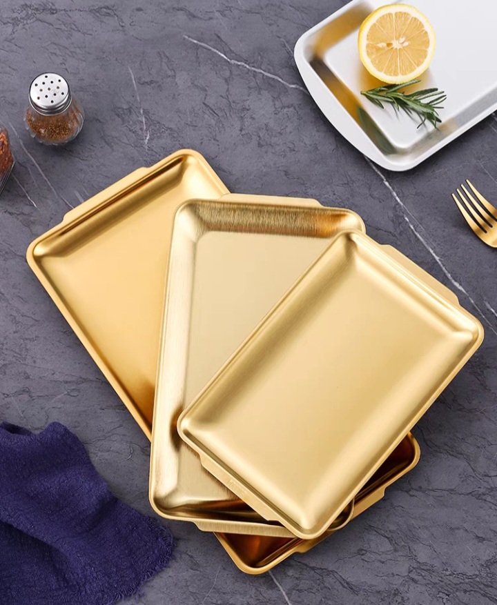 Dĩa chữ nhật inox mạ vàng đựng thực phẩm phong cách Hàn Quốc