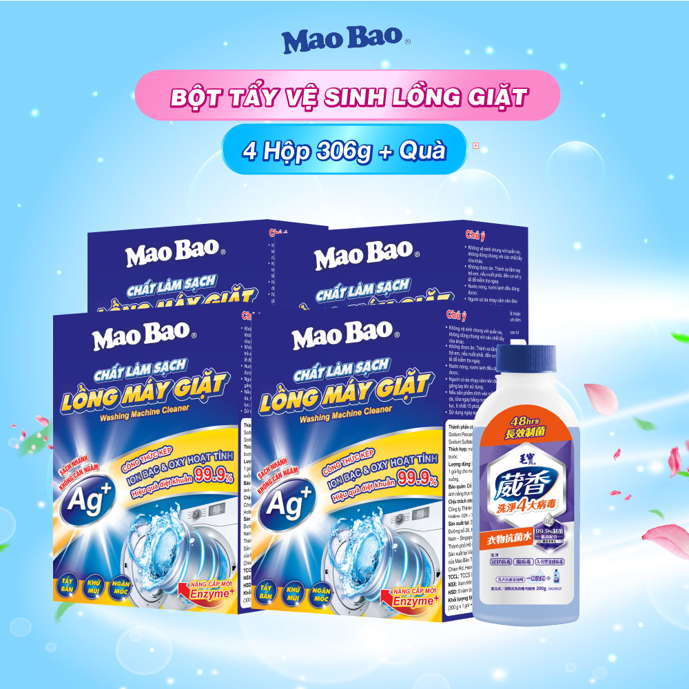 Combo 04 Hộp Chất Vệ Sinh Lồng Máy Giặt Mao Bao Ag+ 306g Tặng Nước Kháng Khuẩn Quần Áo 220g