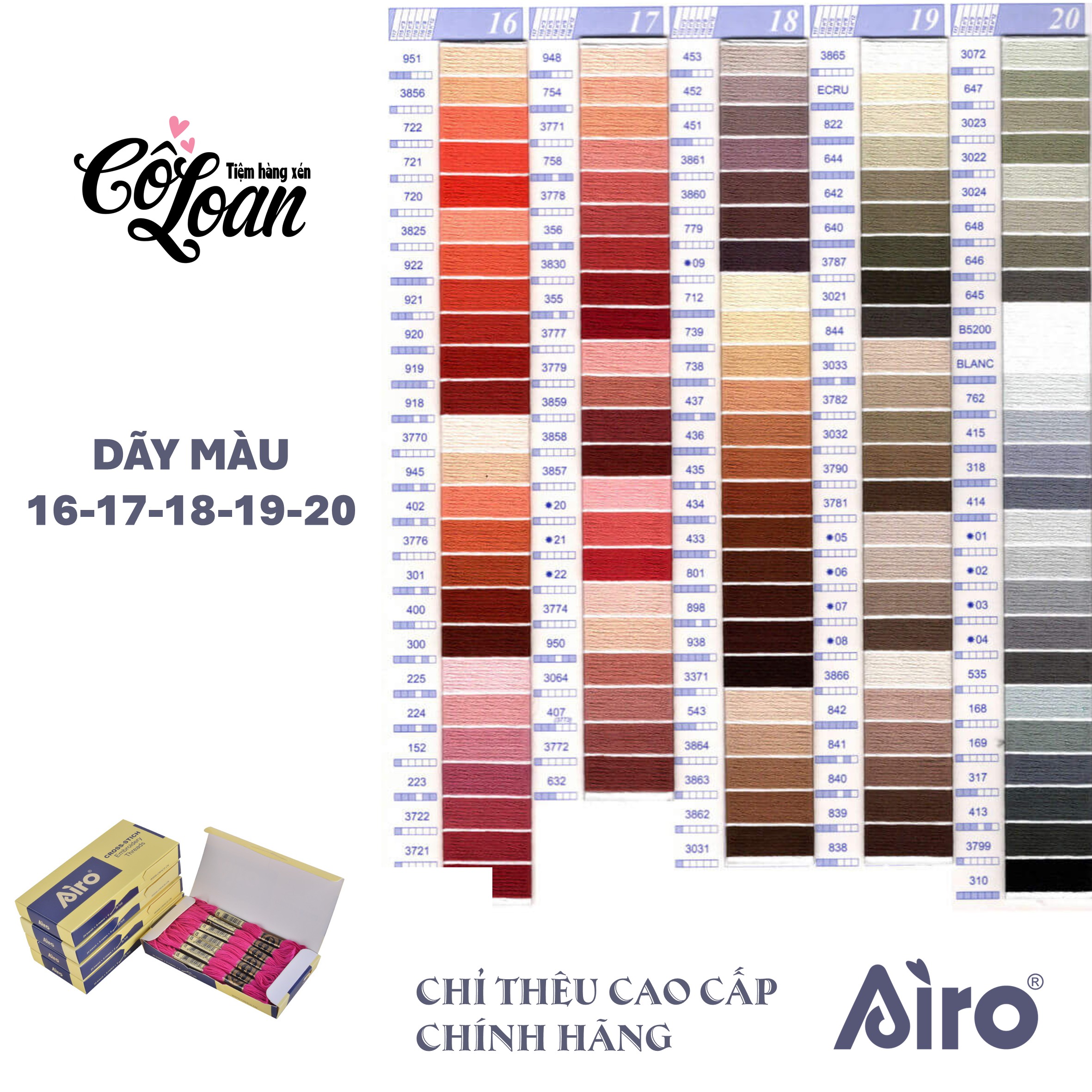 Tép lẻ chỉ thêu cao cấp Airo chính hãng chỉ thêu tranh chữ thập đủ 482 màu theo chuẩn quốc tế DMC Dãy màu 16-20 cam-đất-chàm-xám-đen