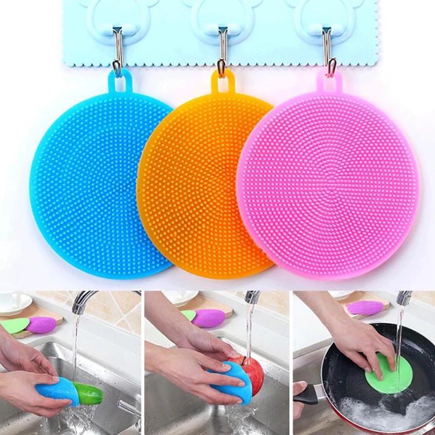 5 pcs Miếng cọ rửa chén bát silicon tiện dụng - Miếng rửa chén silicon có quai treo thông minh