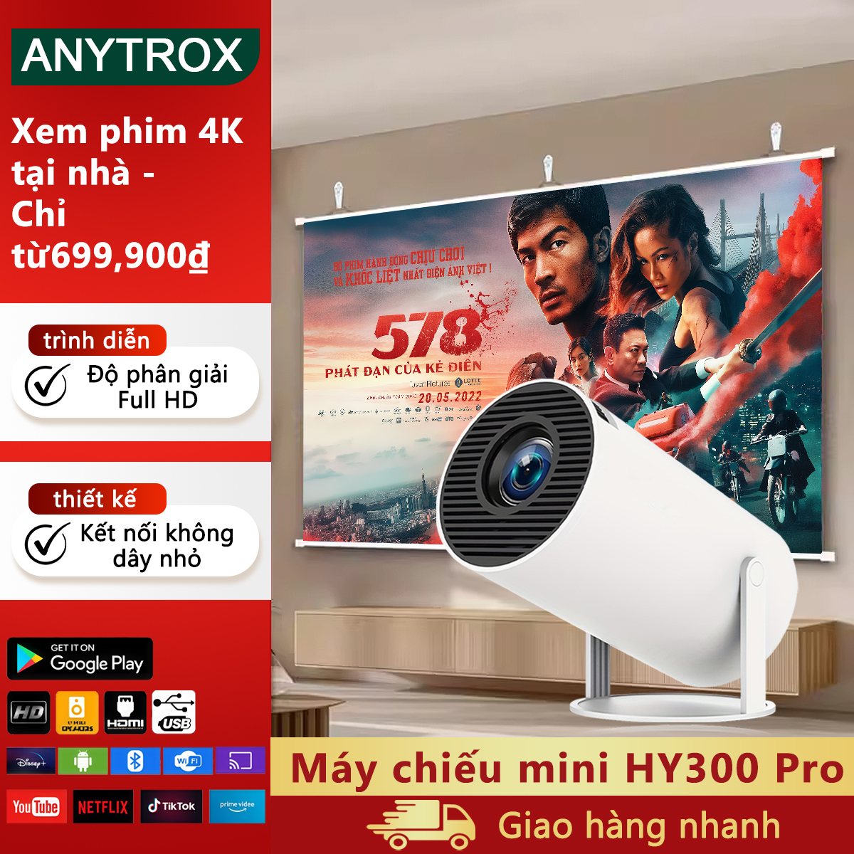 Anytrox Android Projector Hy300 120 Inch Full Hd 4K 1080P Decoding with Bluetooth and Wifi 6-1 Year Warranty