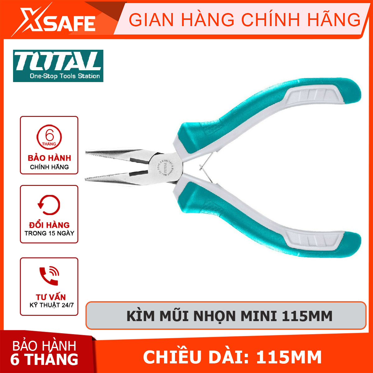 Kìm mũi nhọn mini TOTAL THTMN256 | Kềm mũi nhọn Kích thước 4,5 "/ 115mm, Đầu kềm được đánh bóng và chống gỉ, Tay cầm hai màu kẹp, giữ hay quấn dây điện, dây thép, dây đồng