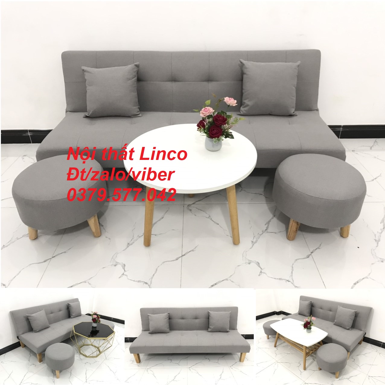 Bộ bàn ghế sofa bed, sofa giường xám trắng ghi tro bạc giá rẻ Nội thất Linco Tây Ninh
