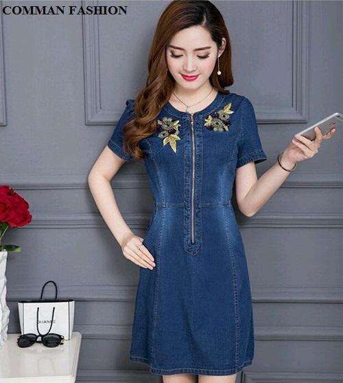 Cao cấp đầm jean nữ thêu hoa phối dây kéo trước 3612
