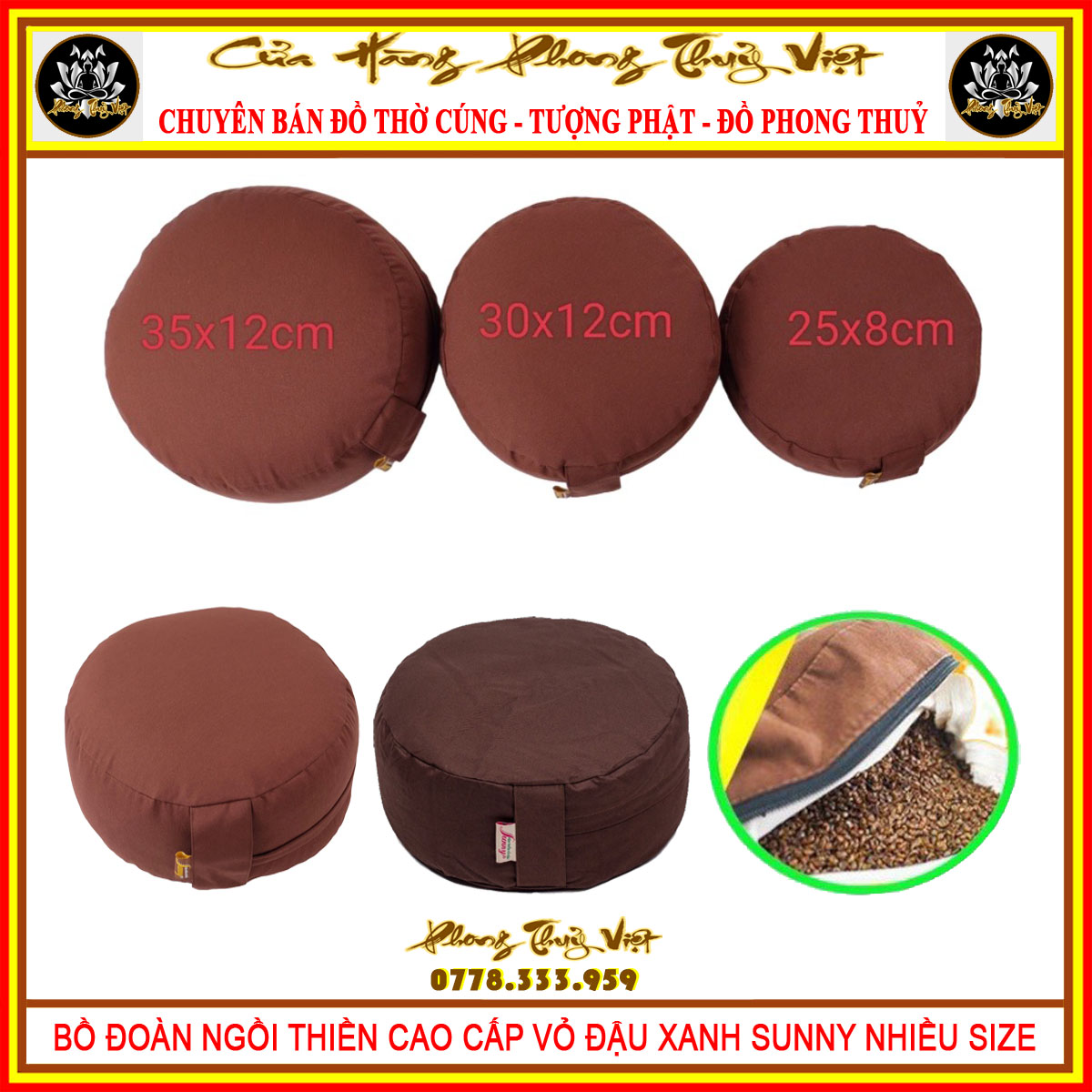 Bồ đoàn ngồi thiền cao cấp vỏ đậu xanh sunny nhiều size hàng cao cấp