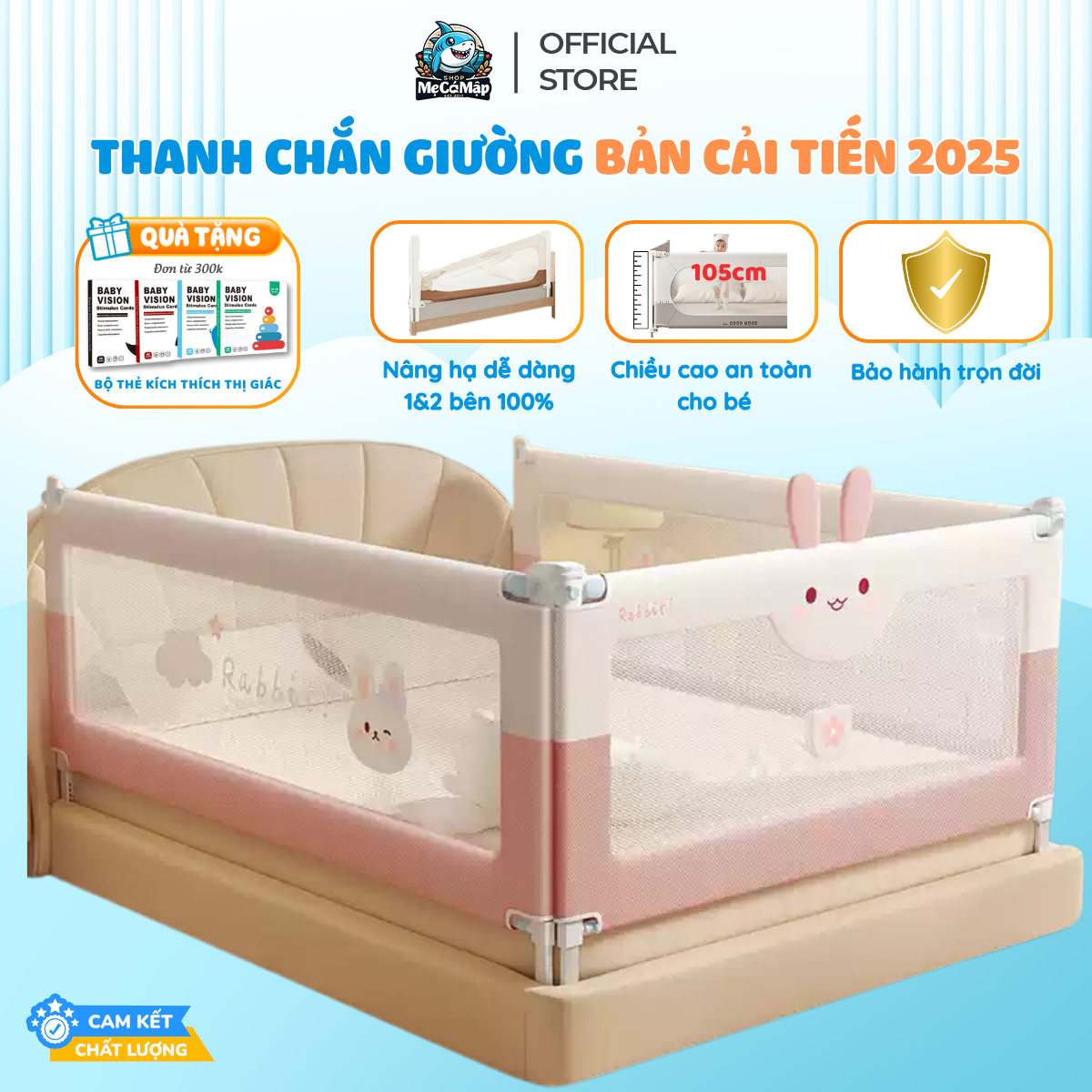 Thanh Chắn Giường Pakey S1 Cải Tiến Mới, Nâng Hạ Dễ Dàng Chiều Cao Tối Đa 105cm, Khóa Chốt Chắc Chắn