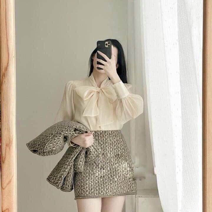 Áo sơ mi kiểu voan tơ thắt nơ cổ phối đồ cực xinh - Da