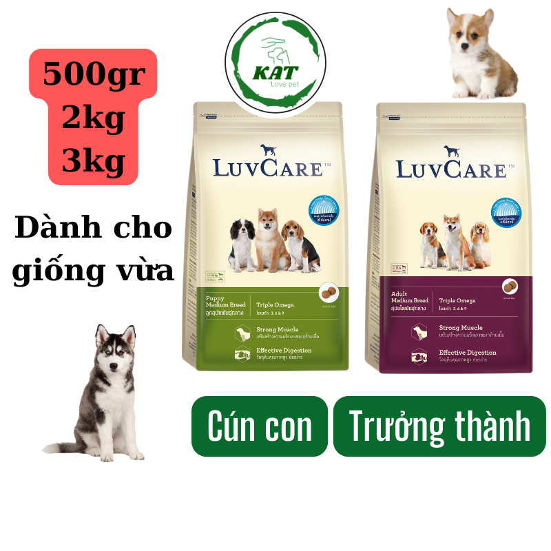 Hạt thức ăn cho chó Luvcare - Dành cho chó giống vừa - Gói 2kg 3kg - KAT Store