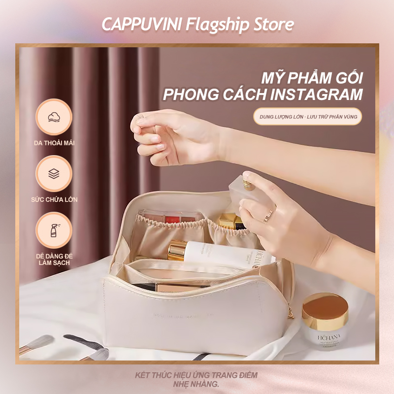 Makeup organizer/Túi đựng mỹ phẩm du lịch nhiều ngăn da PU chống thấm nước - Túi đựng đồ skincare, mỹ phẩm, đồ trang điểm du lịch đa năng