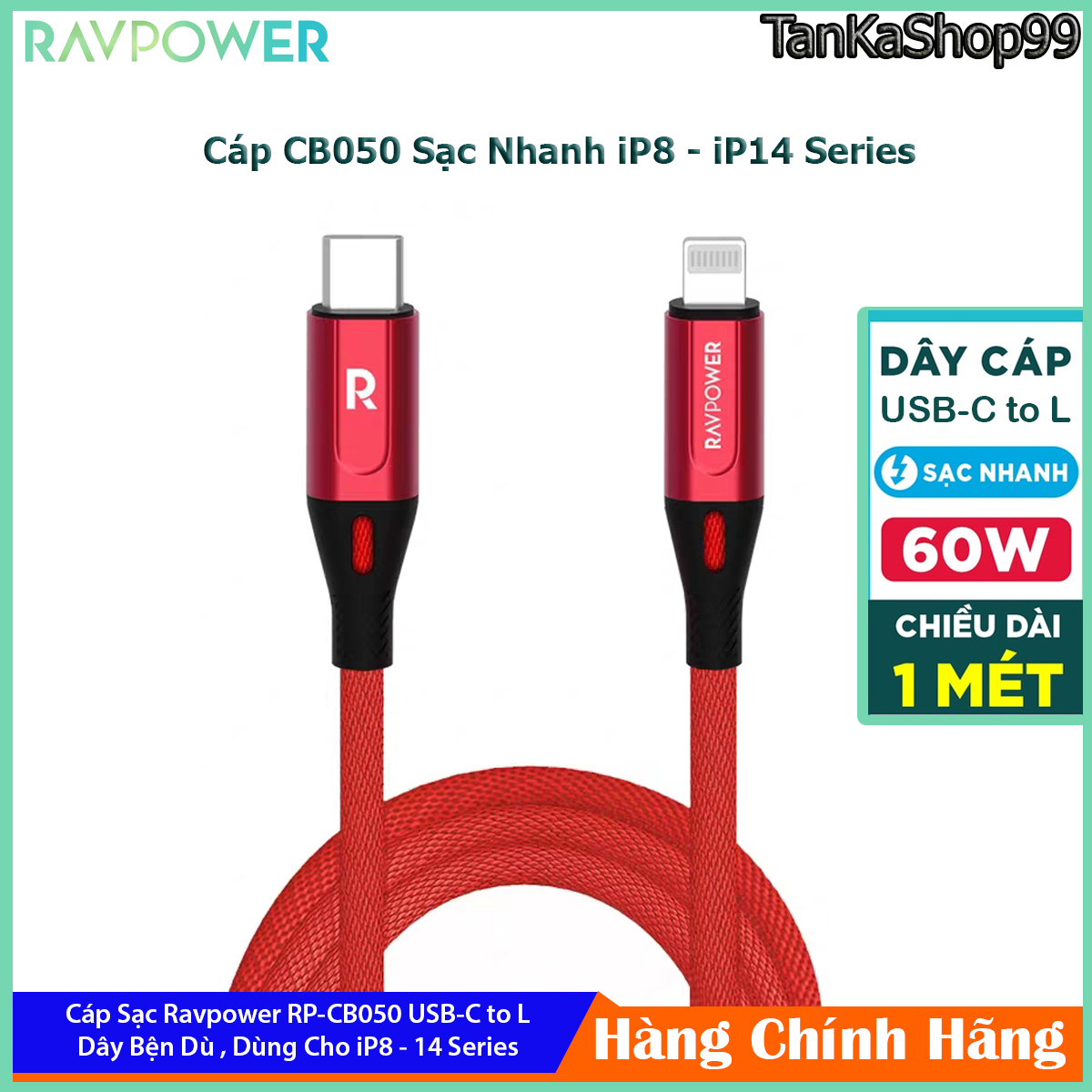 Cáp sạc ravpower usb-c to lightning rp cb050 bện cước siêu bền, chip c94 - chuẩn mfi cho iphone 8 đến iphone 14 promax