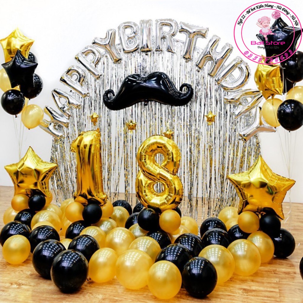 SET bóng Happy birthday + 2 rèm kim tuyến + 50 bóng nhũ {Tặng bơm+băng keo+ruy băng}
