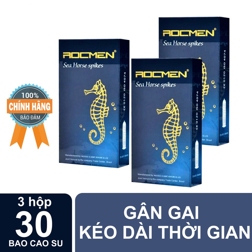 Freeship Bộ 3 hộp Bao Cao Su Siêu Gai kéo dài thời gian Cao Cấp Rocmen Cá Ngựa Xanh ( 30 cái)