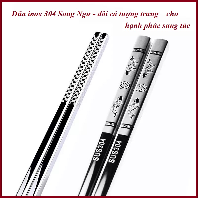 [HCM] ĐŨA INOX 304 CHỐNG TRƯỢT -  ĐUA THEP KHONG RI - SET 5 ĐÔI Đũa SONG NGƯ-