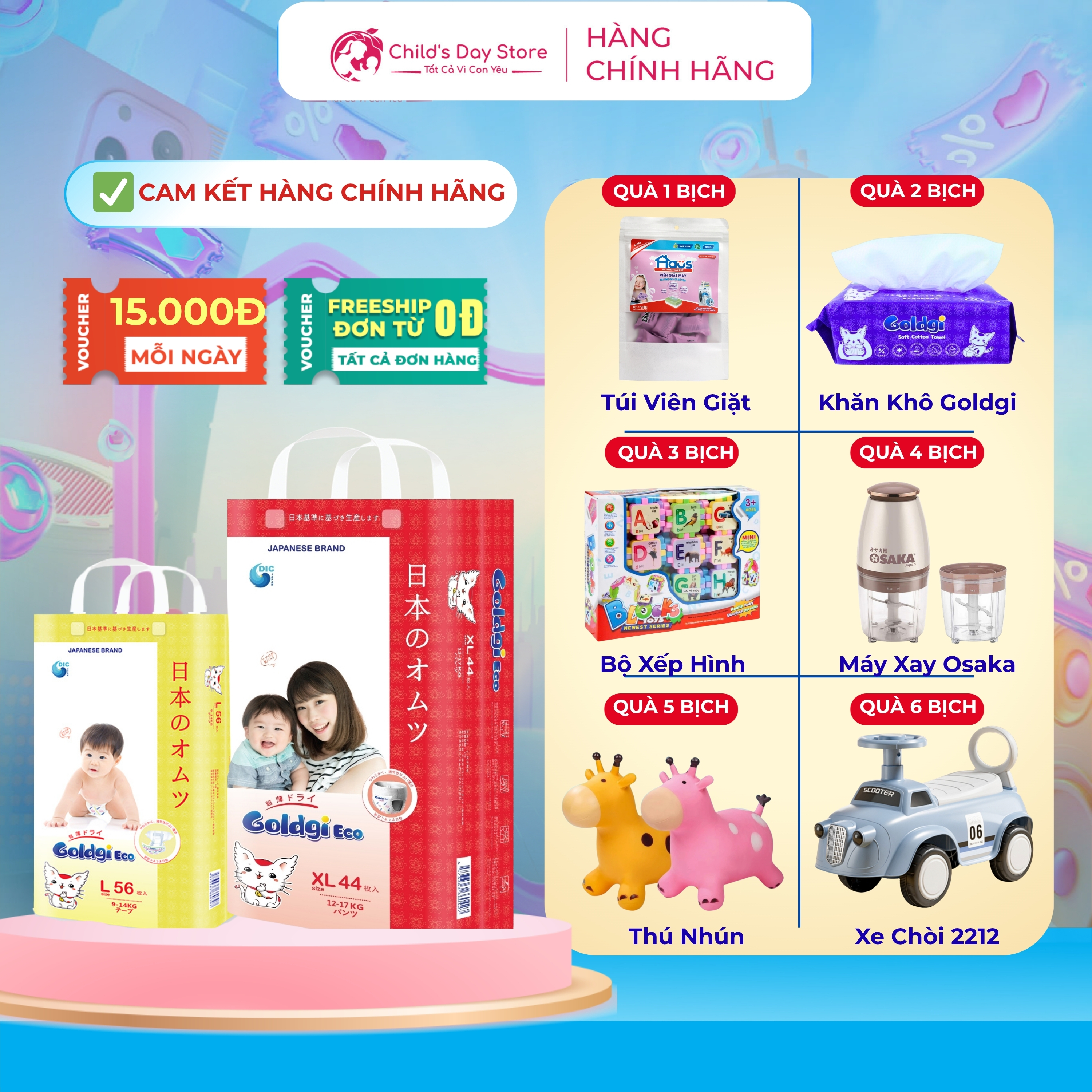  Tã dán quần Goldgi Eco Nhật Bản đủ size NB86 S76 M66 L56 M54 L48 XL44 XXL32 - Childs Day 