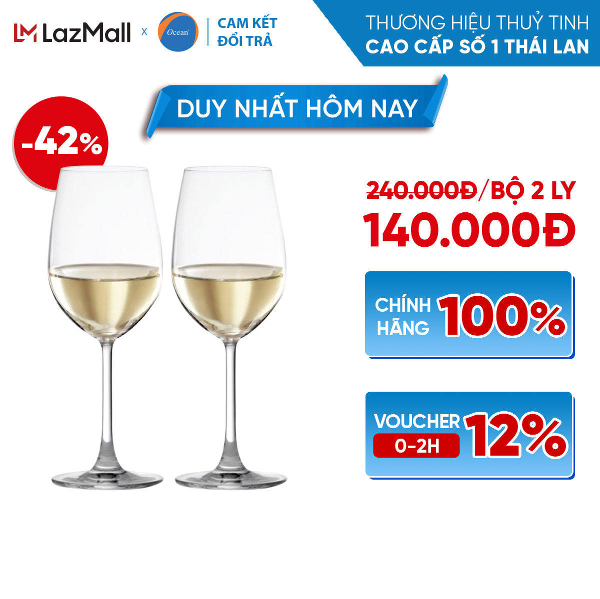 [Cam Kết Đổi Trả Nếu Vỡ] Bộ 2 Ly/Cốc Rượu Thủy Tinh - Ocean Madison White Wine 350ml - Chính Hãng
