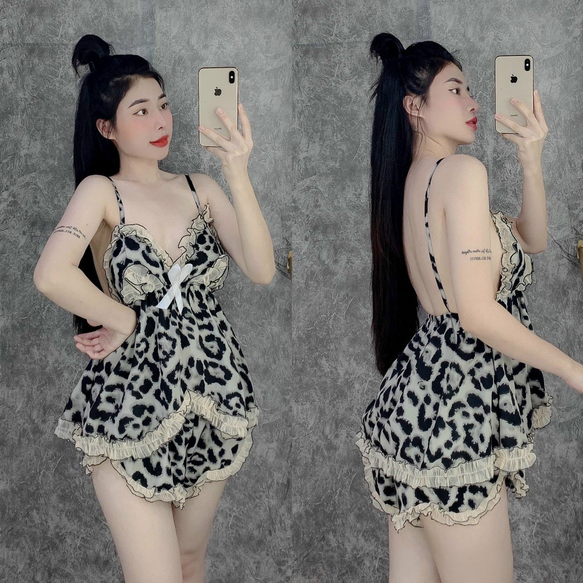 Bộ ngủ da beo phối ren sexxy cúp ngực dễ thương