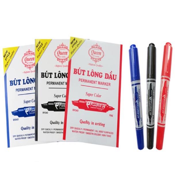 Bút Lông Dầu Mực Xanh Đỏ Đen Queen PM-01 hai đầu có nét viết êm rõ ràng không nhòe mờ kích thước ngòi bút 2.5mm