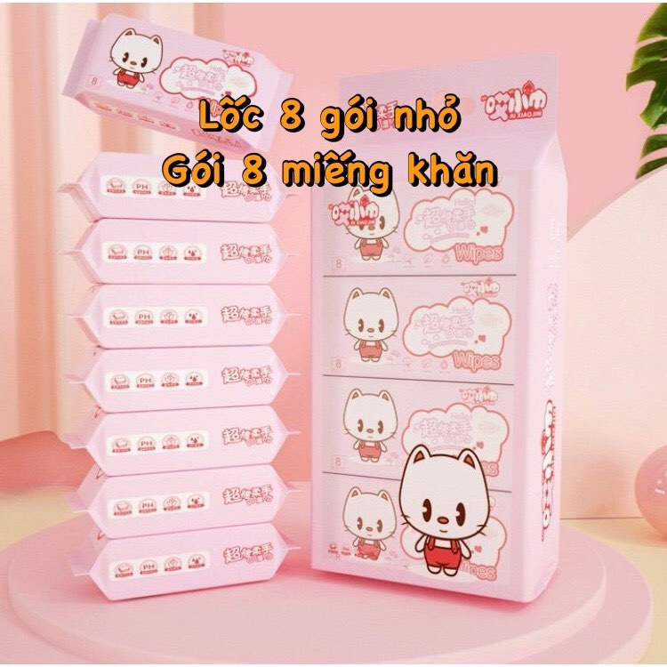 Khăn giấy ướt mini bỏ túi tiện lợi, giấy ướt mini bịch 8 gói nhỏ 64 khăn