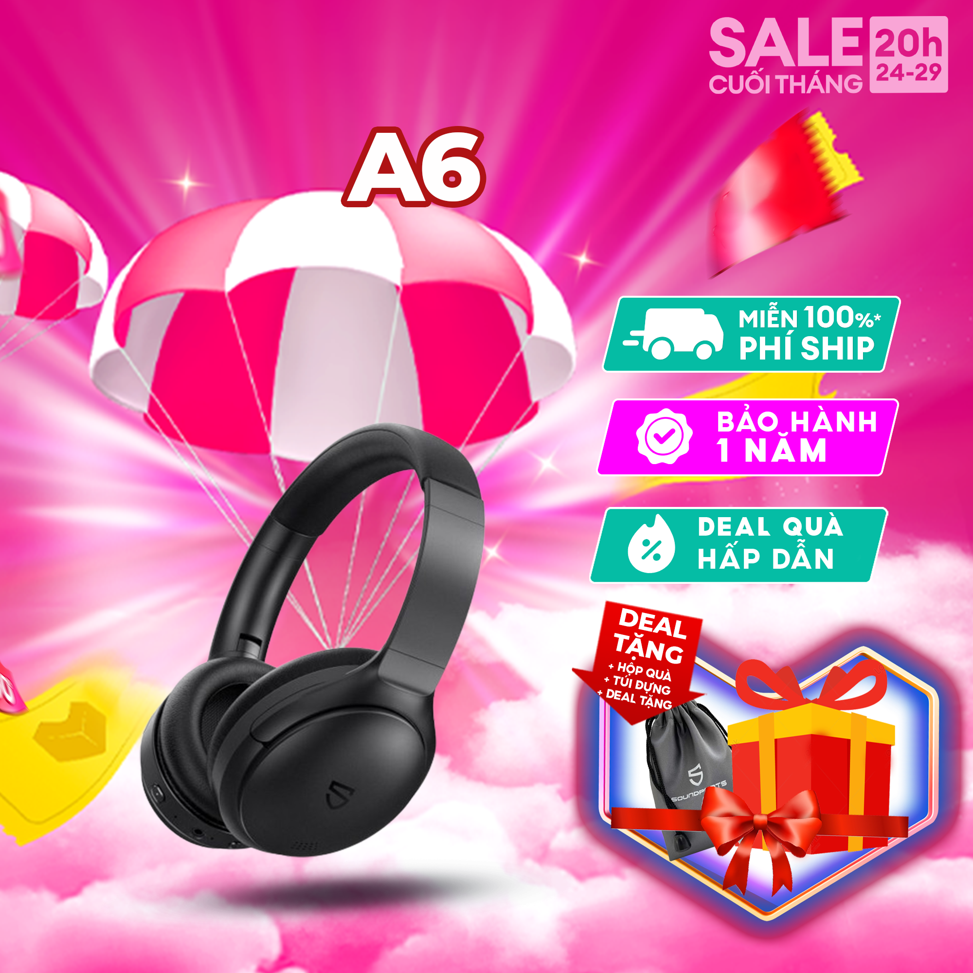 Tai nghe chụp tai Bluetooth SoundPEATS A6, chống ồn ANC