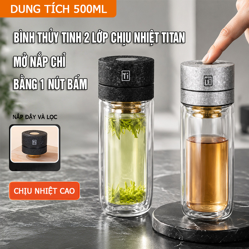 Bình Thủy Tinh Pha Trà 2 Lớp Cao Cấp 500ml - Có Lưới Lọc Inox 304 Chống Nóng, Chịu Nhiệt Tốt Cho Văn Phòng, Doanh Nhân