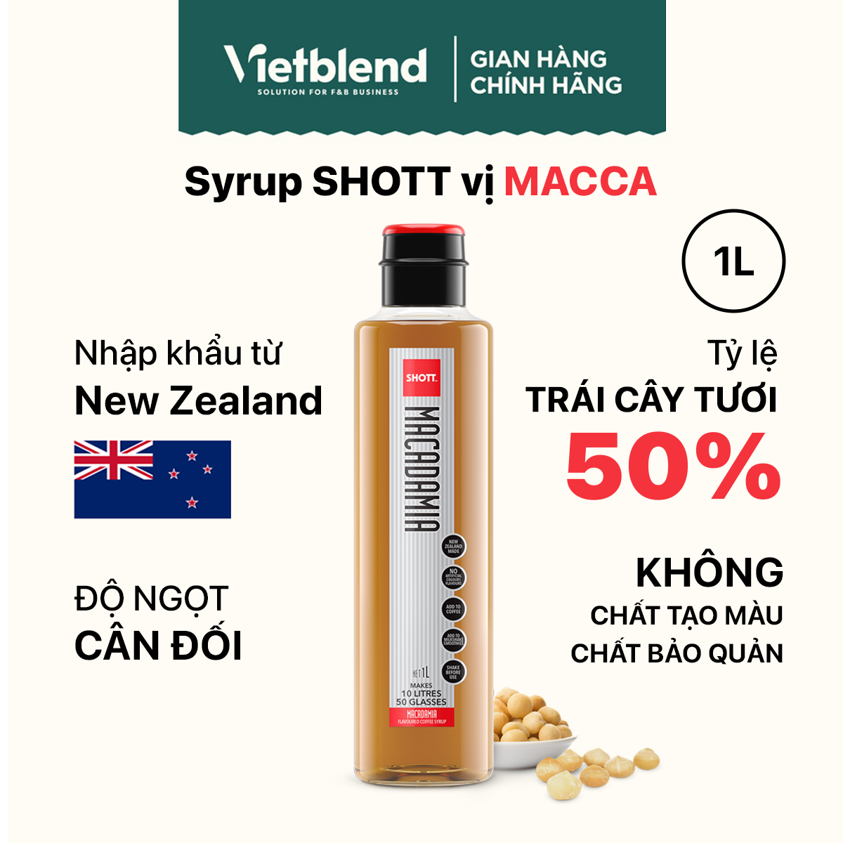 SHOTT Syrup Macadamia Flavor 1 Liter Bottle - Beverage Mixing Ingredient