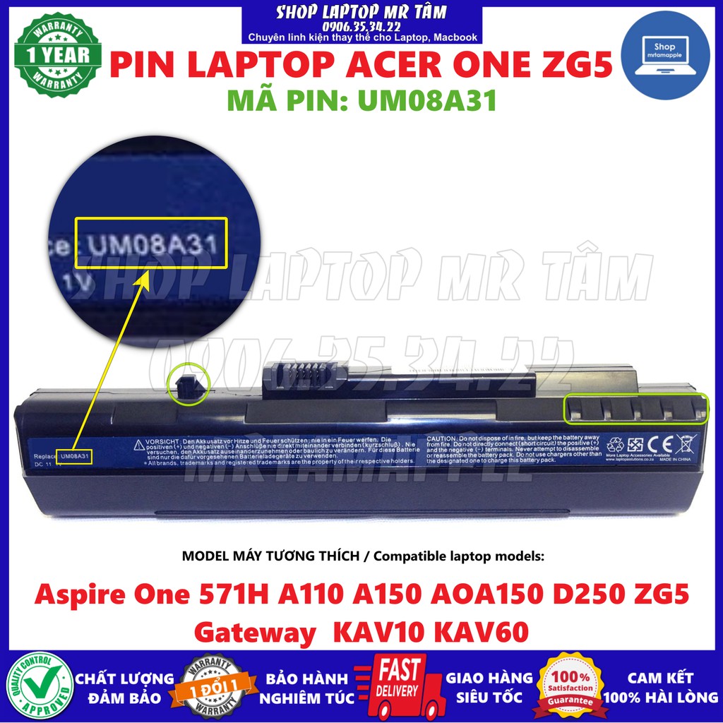 Pin laptop acer one zg5 đen dành cho aspire one 571h a110 a150 aoa150 d250 zg5 gateway kav10 kav60