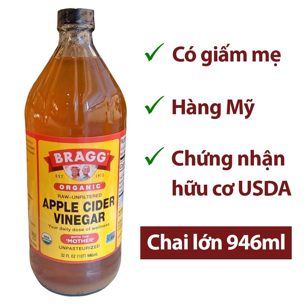 Giấm táo hữu cơ Bragg Organic Raw Apple Cider Vinegar có con giấm 946ml