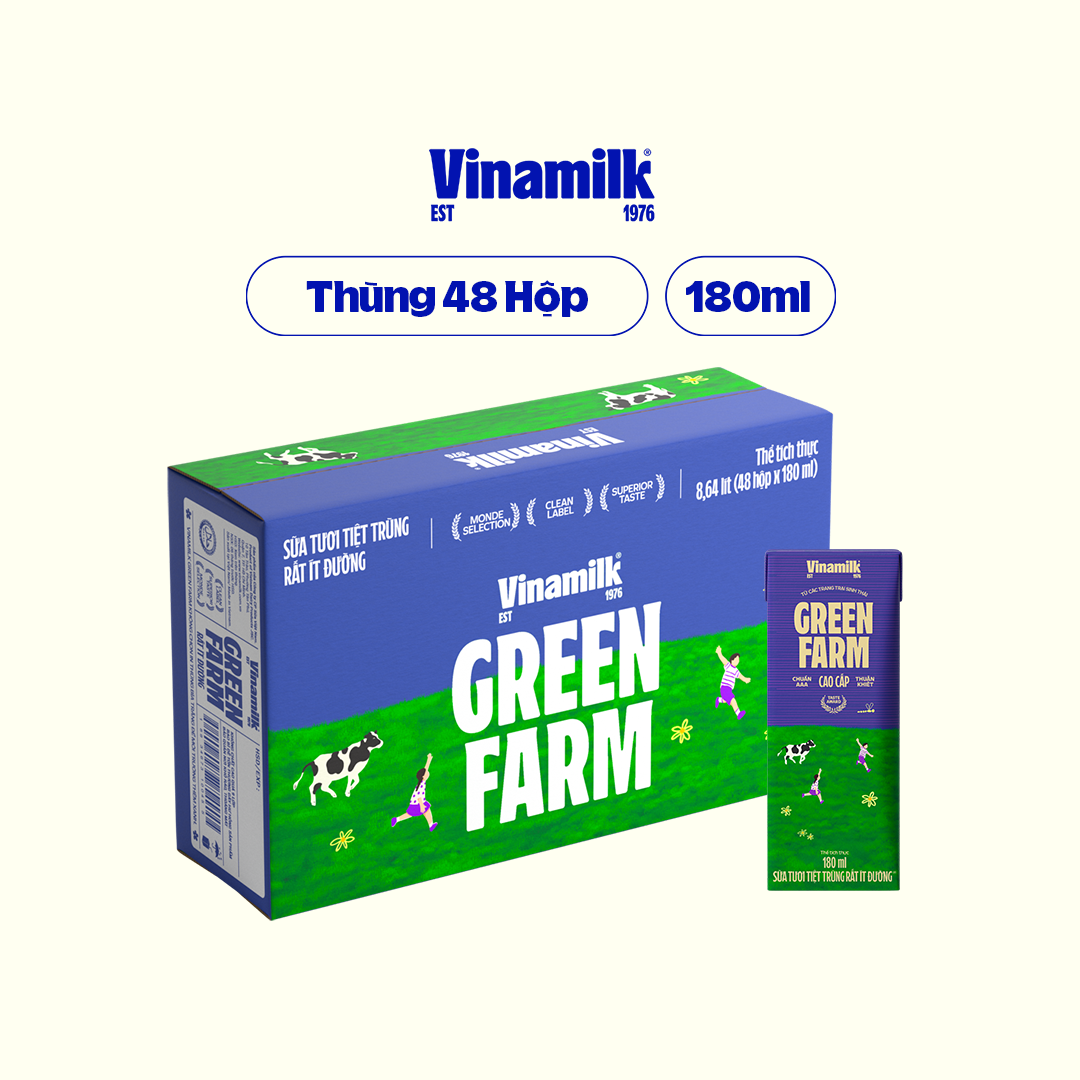 Thùng 48 Hộp Sữa Tươi Tiệt Trùng Vinamilk Green Farm Rất ít đường Lốc 4 Hộp 180ml