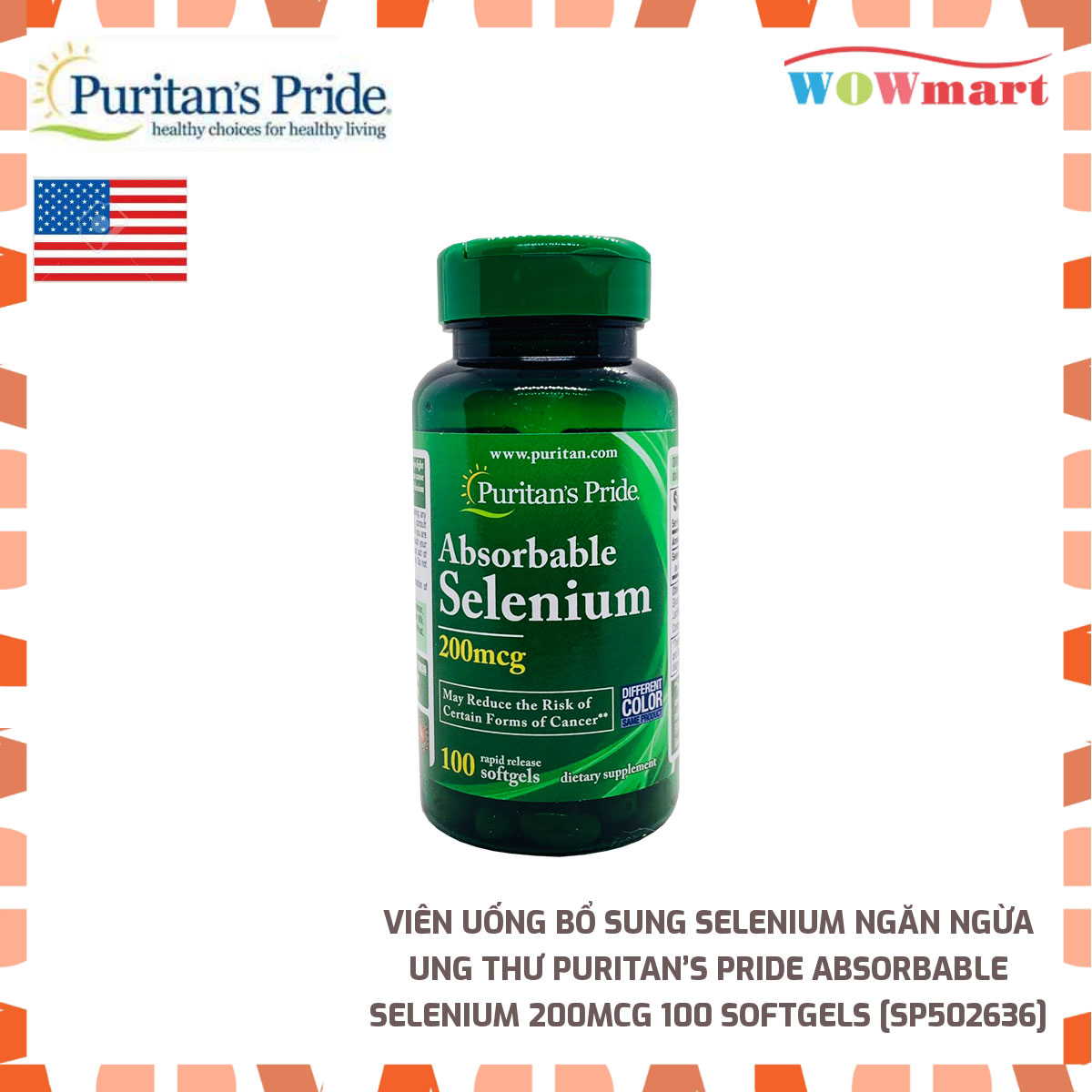 Viên uống bổ sung Selenium Puritan’s Pride Absorbable Selenium 200mcg 100 Softgels -