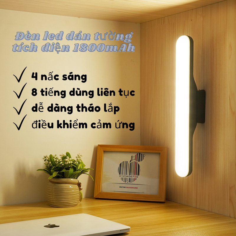 Đèn led dán tường tích điện 1800mAh đèn đọc sách trang điểm bàn học bàn làm việc 4 chế độ sáng cảm ứng chạm tiện lợi