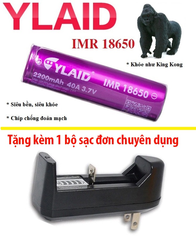 Pin sạc nhiều lần Ylaid IMR 18650, chuẩn Auth - Pin Lithium - ion độ nhạy 40A / 2200Mah 3.7V (Tím) + Kèm 1 bộ sạc chuyên dụng - Pin Chất Lượng Cao Có Chip Chống Đoản Mạch (1 viên)
