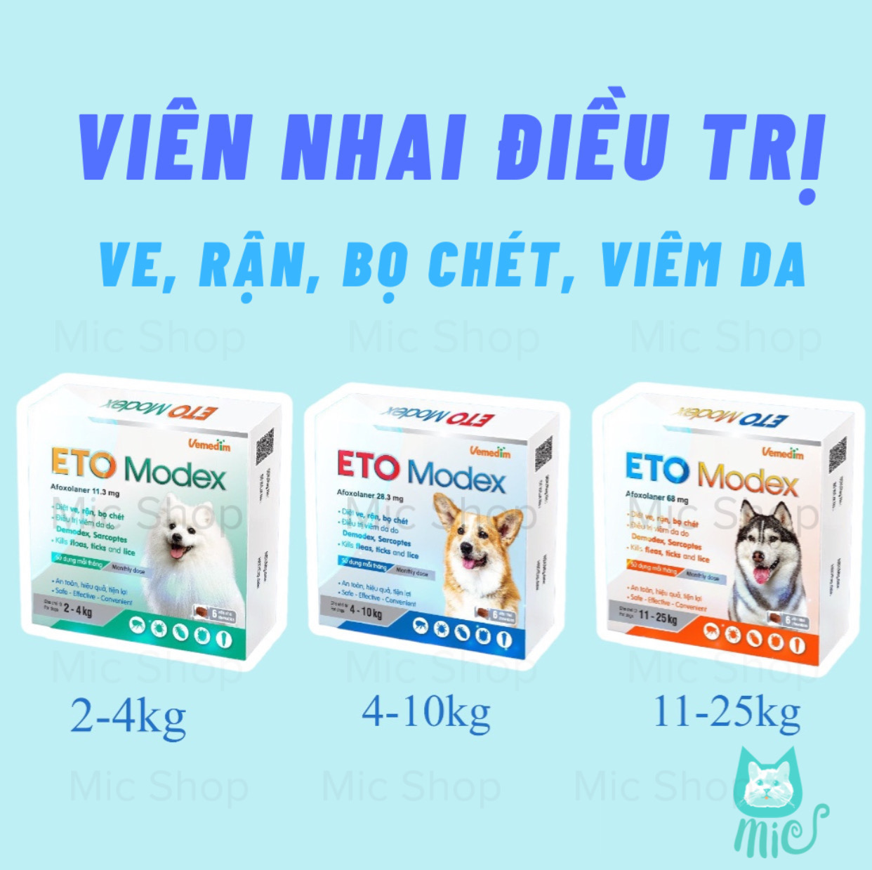 Vemedim ETO Modex - Diệt ve, rận, bọ chét, điều trị viêm da do Demodex, Sarcoptes