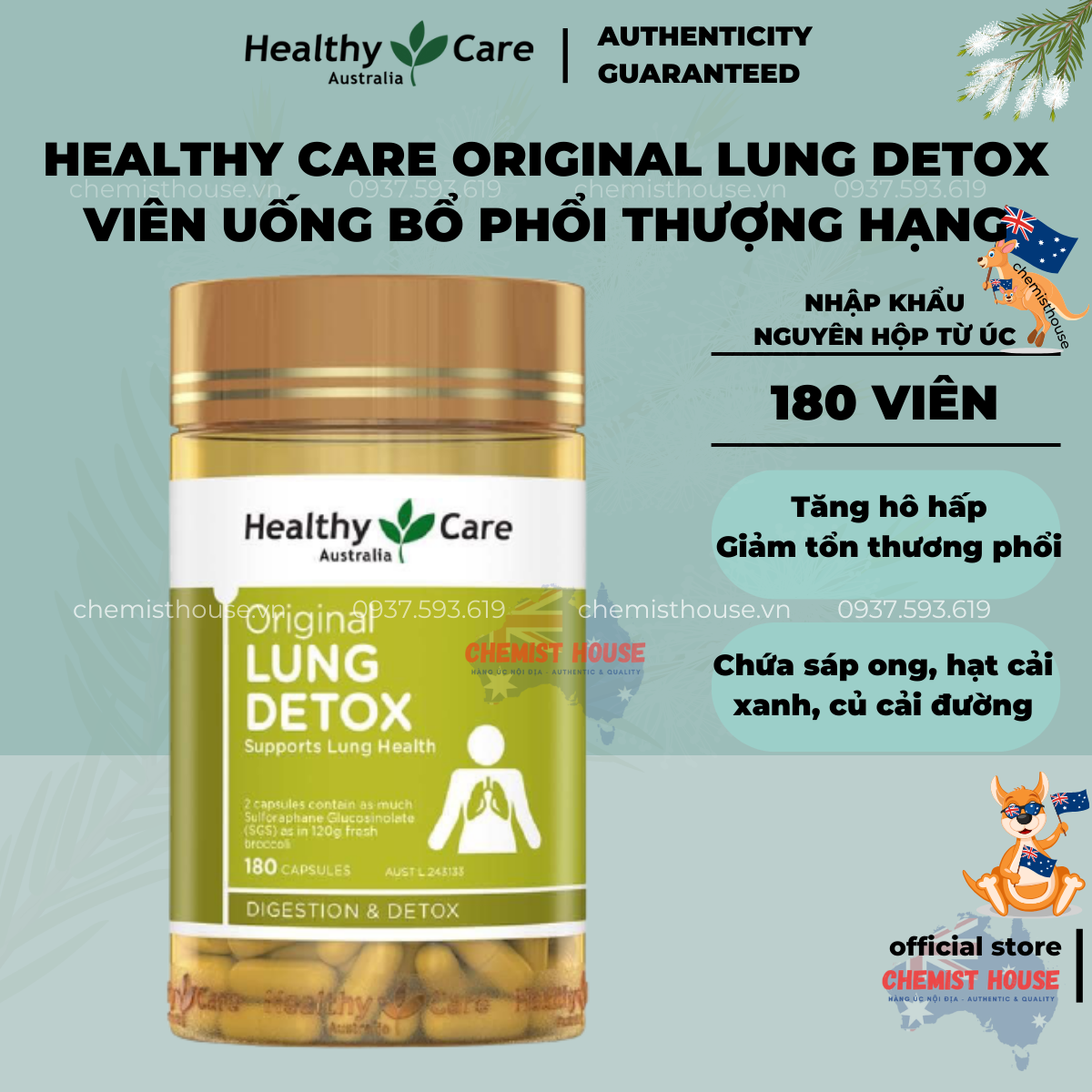 Viên uống bổ phổi Úc Healthycare Lung Detox 180 viên
