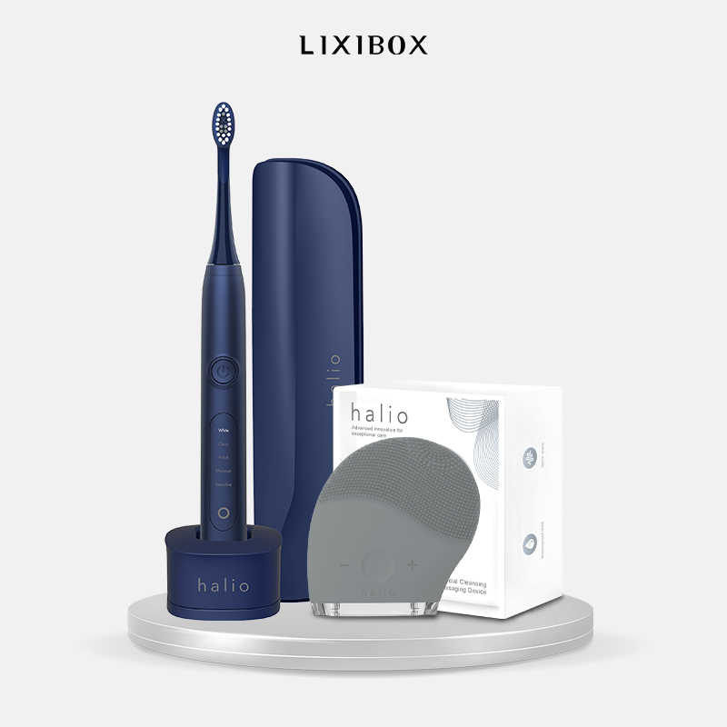 Combo bàn chải điện làm trắng răng halio pro - midnight blue & máy rửa mặt halio facial cleansing - grey smoke