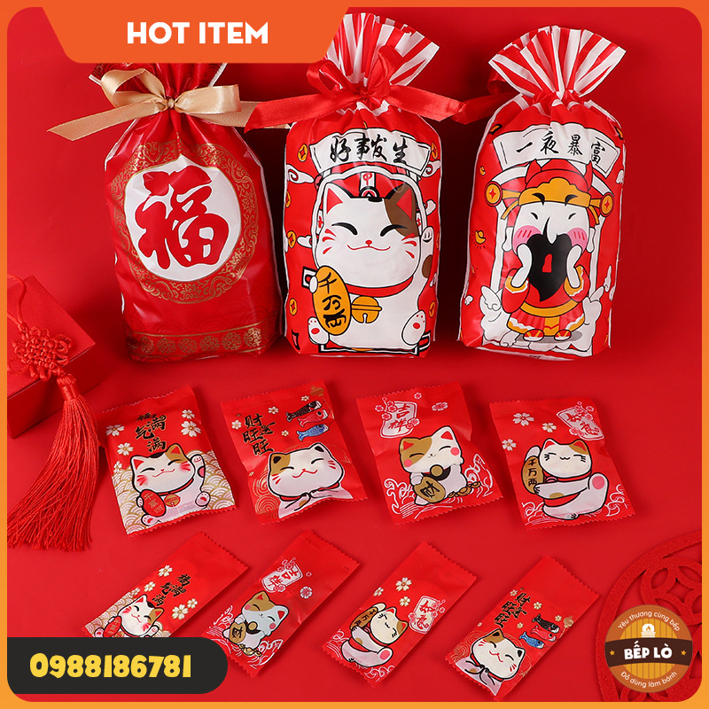 Túi Quà Tặng Năm Mới Có Dây Rút - Túi Đựng Bánh Kẹo - Set 10 cái