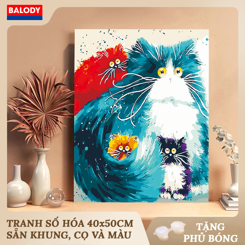 Tranh tô màu theo số hóa Chú mèo ngơ ngác 40x50cm MS466 BALODY sẵn khung