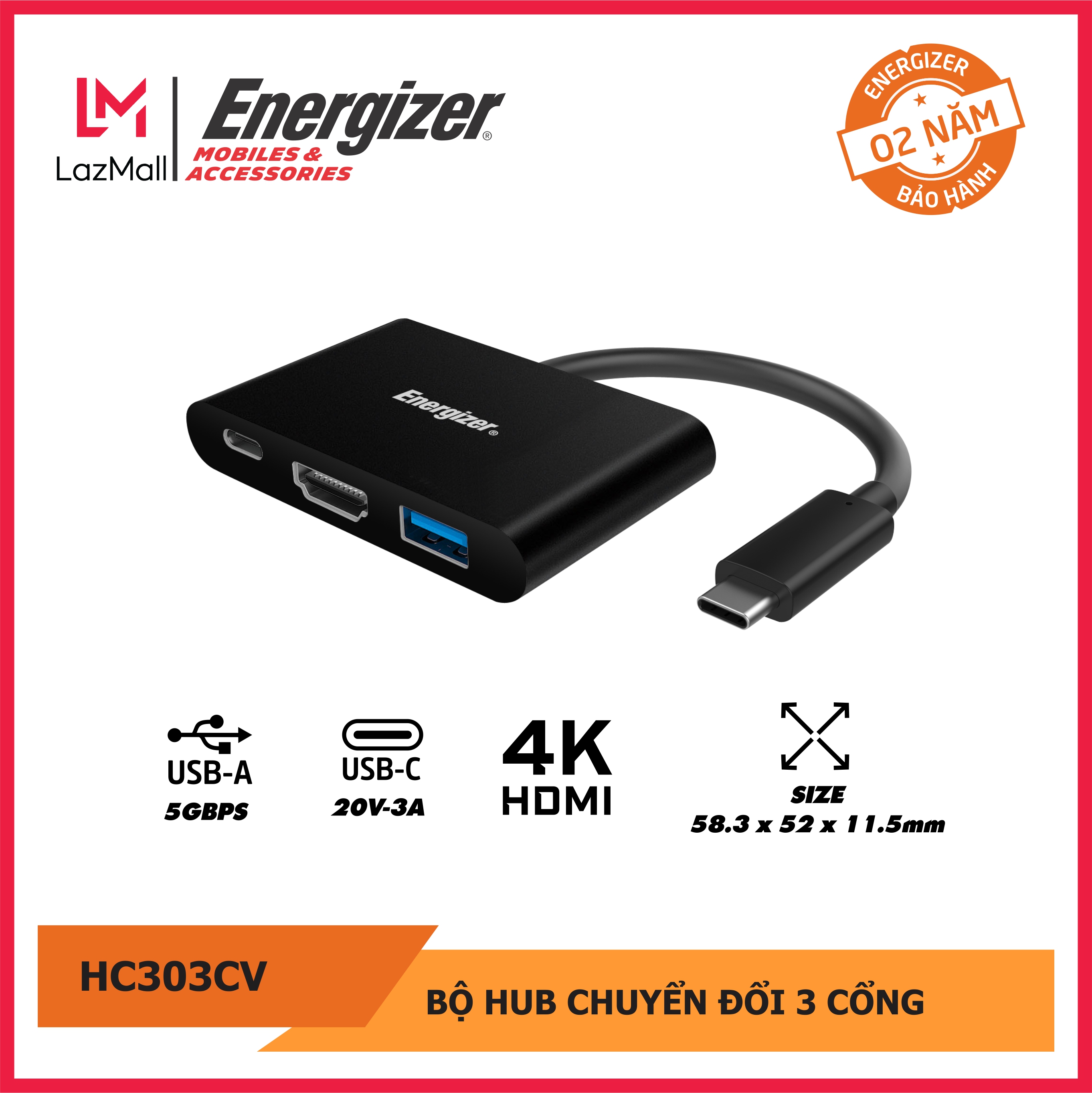 BỘ CHUYỂN USB-C3.1 HUB ENERGIZER USBA/USB-C/HDMI - HC303CV. BẢO HÀNH 2 NĂM, HÀNG CHÍNH HÃNG
