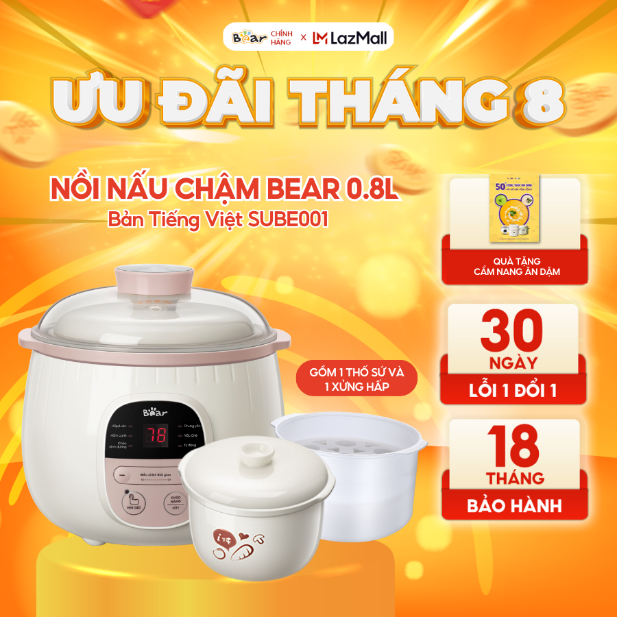 Nồi Nấu Chậm 0,8L Bear SUBE001 Chính Hãng Đa Năng Nấu Cháo, Chưng Yến Bản Quốc Tế Bảo Hành 18 Tháng