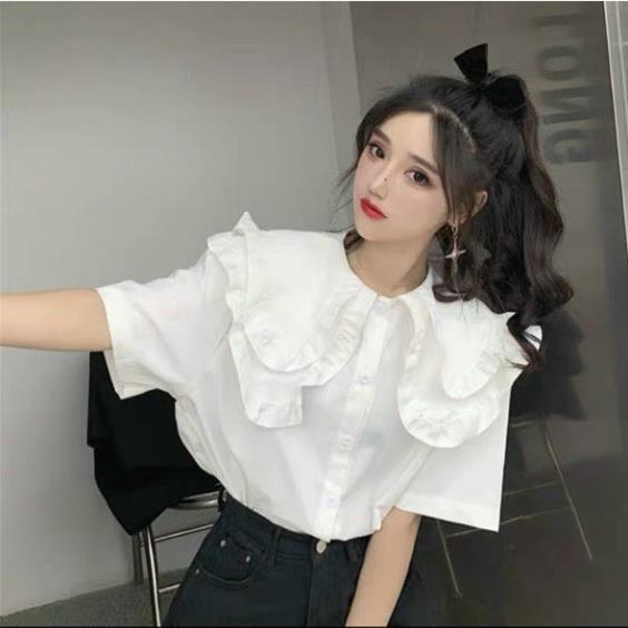 Áo sơ mi nữ- Áo sơ mi cộc tay thiết kế cách điệu cổ bèo phong cách Hàn Quốc_058