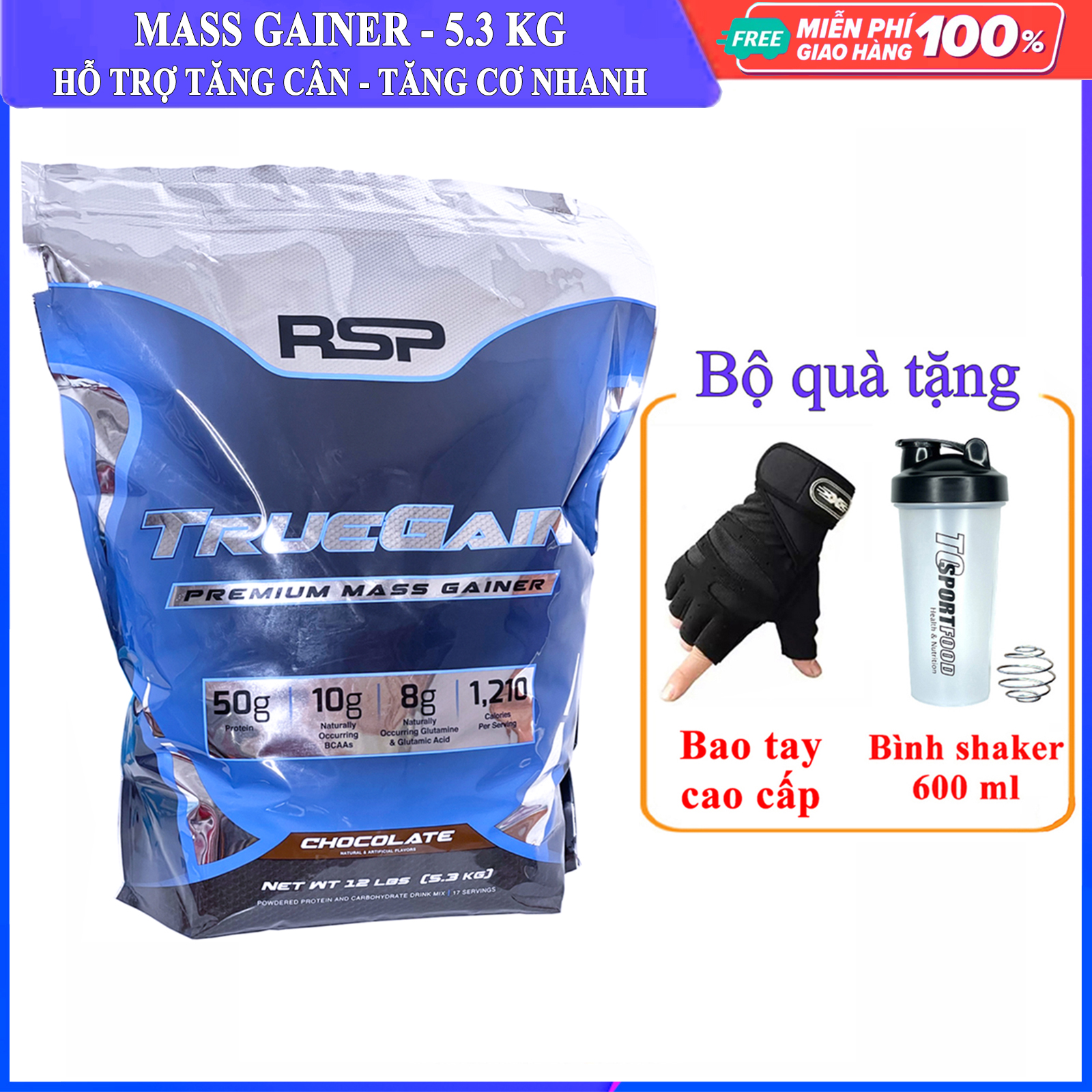 [TẶNG BAO TAY VÀ BÌNH LẮC] Sữa tăng cân tăng cơ hạn chế mỡ TrueGain của RSP NUTRITION hương Chocolate bịch lớn 5.3 kg hỗ trợ tăng cân tăng cơ nhanh, dễ hấp thu, không kén người dùng, cho người gầy kén ăn, khó hấp thu