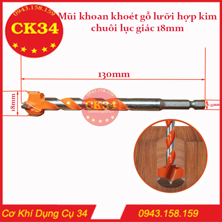 Mũi khoan gỗ khoét gỗ chuôi lục giác - Mũi khoan khoét lỗ tròn đường kính 18mm