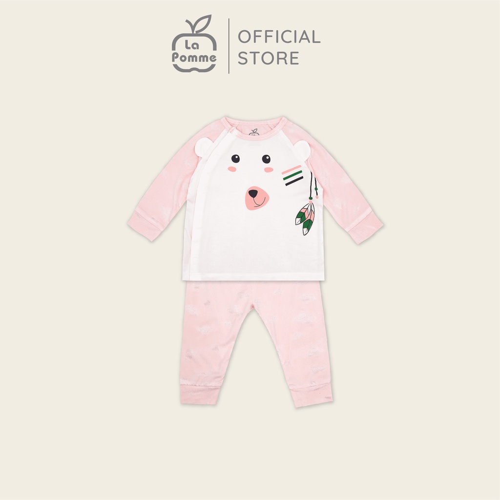 Bộ đồ dài tay La Pomme cúc lệch Teddy Bear - Hồng trắng