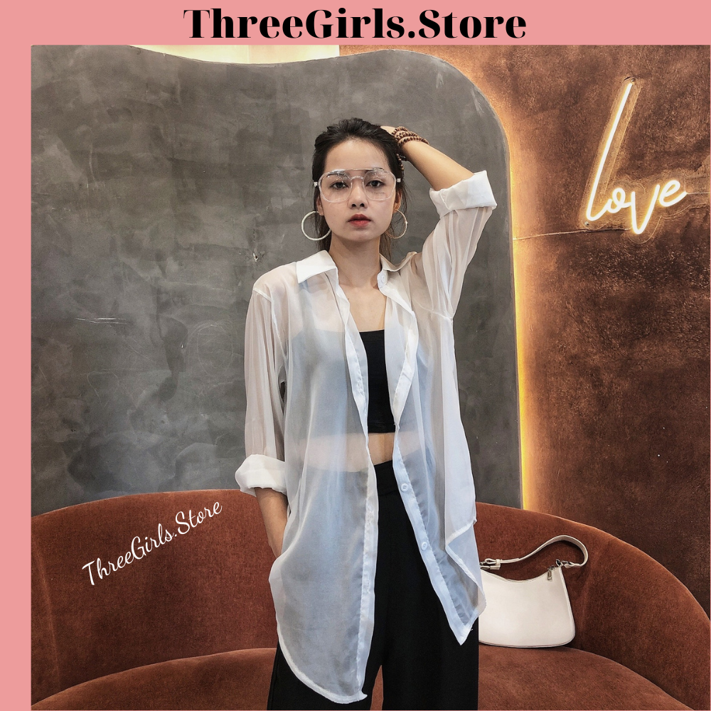 Áo sơ mi voan mỏng nữ kiểu Hàn Quốc, sơ mi vải voan mỏng lụa cao cấp, áo ngủ sexy dài xuyên thấu, von dáng rộng khoác ngoài ThreeGirls.Store