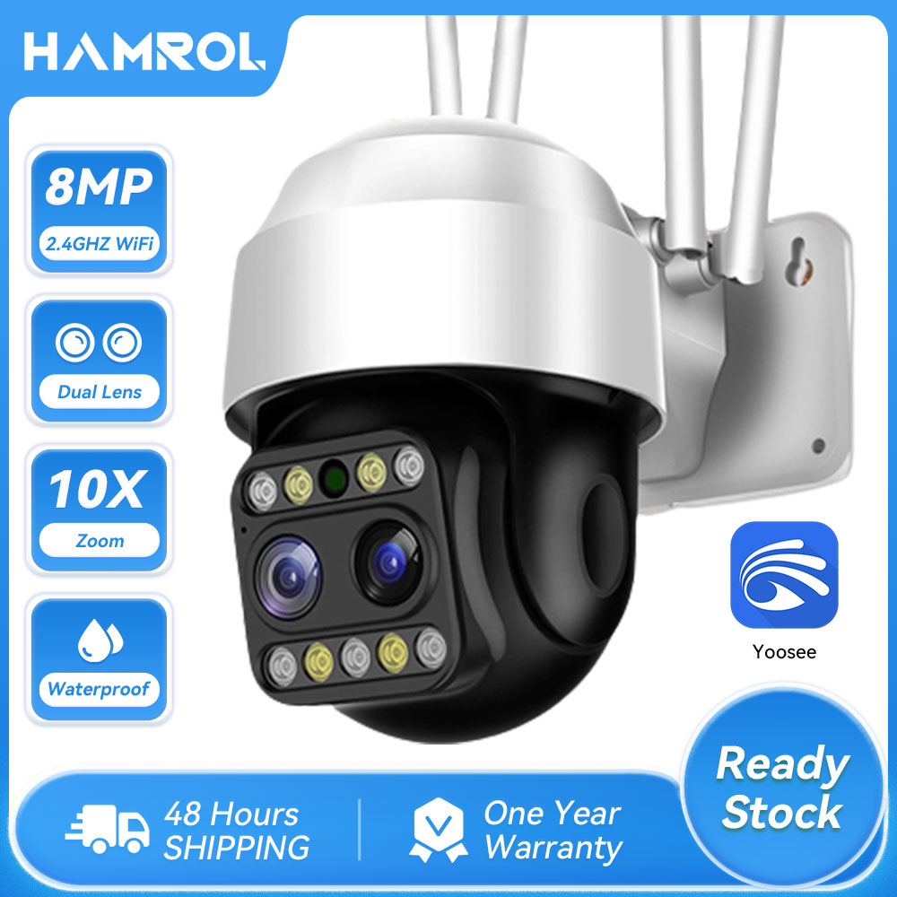 Hamrol 5MP 10X ZOOM Dual Lens Outdoor Wireless PTZ IP Camera External Wifi Street Speed Dome Camera P2P Motion Alert IP66 CCTV Camera Connect to Cellphone YOOSEE APP