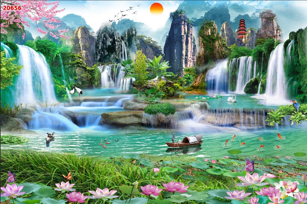 Decal dán tường phong cảnh sơn thủy trang trí nhà cửa phòng khách phòng ngủ và quán cafe trà sữa trà tranh giá rẻ đẹp