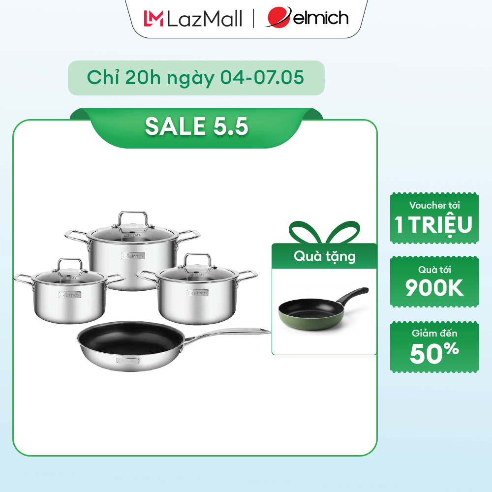 (SALE 5.5)Bộ nồi Inox dập nguyên khối Elmich Trimax Classic EL-2110OL Size 18, 20, 24, chảo 26cm