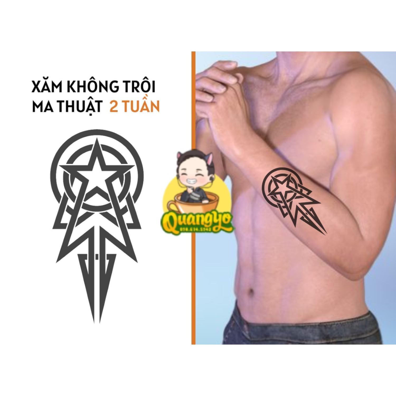 Hình xăm không trôi cánh tay hoạ tiết ngôi sao mũi tên bay, Xăm giống Quangyo Tattoo