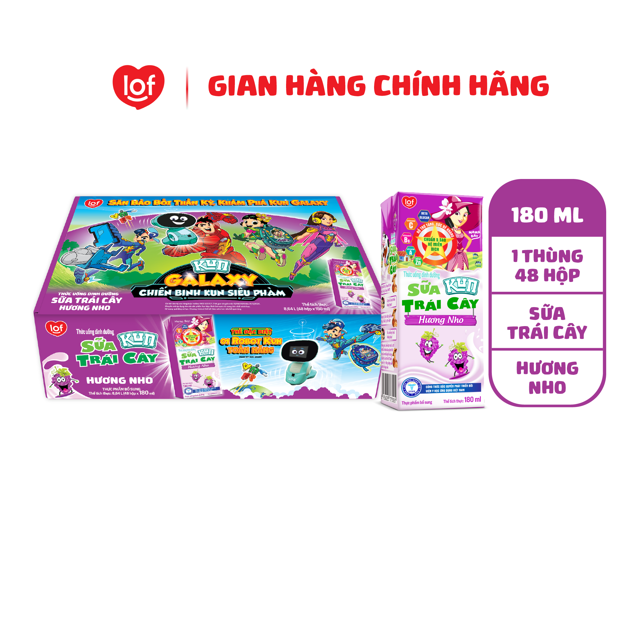 Sữa trái cây KUN vị nho thùng 48 hộp x 180ml